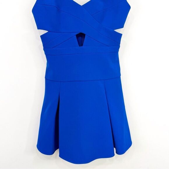 BCBGMAXAZRIA Harlie Cutout Cobalt Blue Fit and Flare V Neck Cocktail Mini Dress - Picture 9 of 16